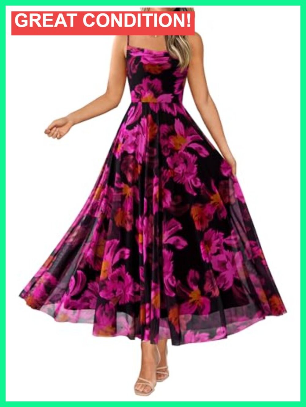Women Floral Maxi Dress Spaghetti Strap Cowl Neck A-Line Summer Party Dress